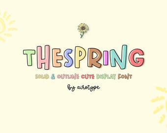 May include: The Spring font, a colorful and playful display font with a cute, hand-drawn style. The font is shown in a variety of colors, including pink, blue, green, yellow, and orange. The text "SOLID & OUTLINE CUTE DISPLAY FONT by airottype" is also included.
