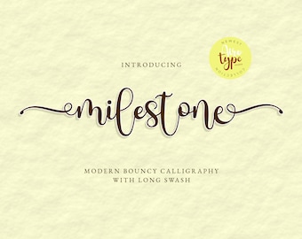 May include: A light beige background with the word "milestone" in a brown, flowing script. The text "Introducing" and "Modern Bouncy Calligraphy with Long Swash" are also present. A yellow circle with text is in the upper right.