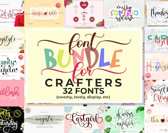 May include: A collage of colorful fonts, with the text "font bundle for crafters 32 fonts (swashy, lovely, display, etc)" in the center. The fonts are displayed in various styles, including script, handwritten, and block letters.