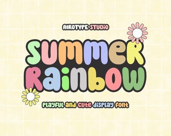May include: A colorful graphic with the words "SUMMER RAINBOW" in bubble letters, set against a light yellow background. The text "AIROTYPE STUDIO" and "Playful and cute display font" are also present. Decorative flower illustrations are placed around the text.
