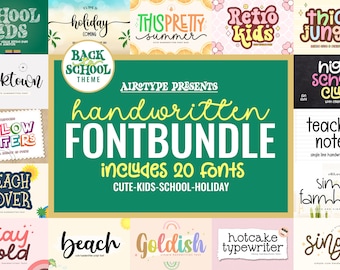 May include: A collage of 20 different handwritten fonts, with a green background and the text "handwritten FONTBUNDLE includes 20 fonts CUTE-KIDS-SCHOOL-HOLIDAY". The fonts are displayed in various colors and styles, including playful, whimsical, and retro.