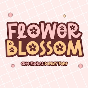 May include: A cute floral display font called "Flower Blossom" with a pink and orange colour scheme. The font is displayed on a pink and white grid background with small flower accents.