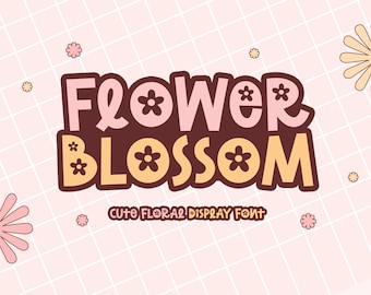 May include: A cute floral display font called "Flower Blossom" with a pink and orange color scheme. The font is displayed on a pink and white grid background with small flower accents.