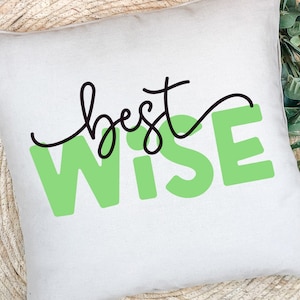 May include: A white pillow with the words "best wise" written in black and green lettering. The word "wise" is in large, bold, green letters.