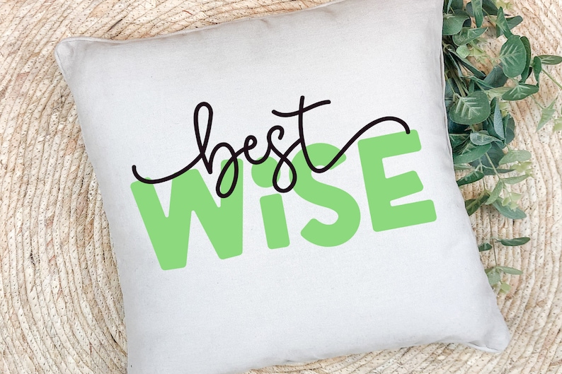May include: A white pillow with the words "best wise" written in black and green lettering. The word "wise" is in large, bold, green letters.