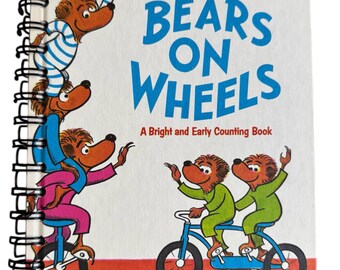 Bears on Wheels Bernestain Bears handmade blank notebook, sketchbook, repurposed, gift, baby shower, junk journal, bujo