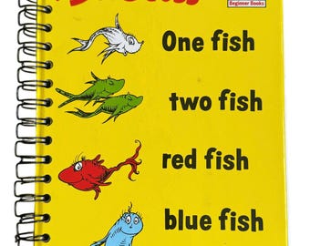 One Fish Two Fish handmade blank notebook, sketchbook, Dr. Seuss, repurposed, gift, baby shower, birthday gift, junk journal, bujo, bullet