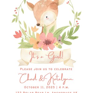 Woodland Doe Girl Baby Shower Invitation - Personalized Printable