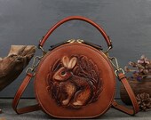 Rabbit Embossed Handbag, Leather Women 39 s Bag, Retro Ethnic Small Round Bag, One-Shoulder Messenger Bag