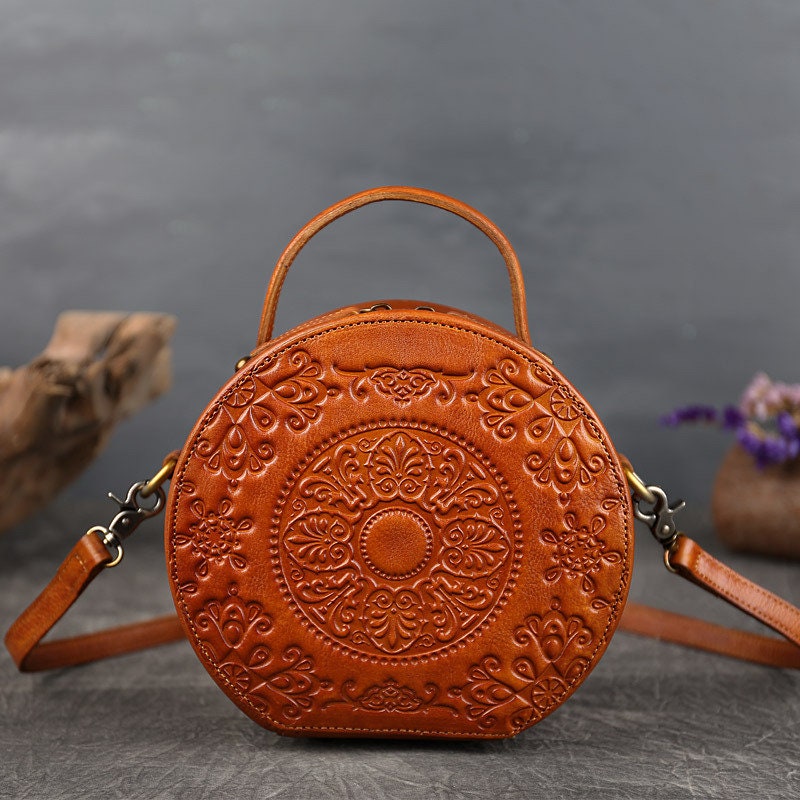Vintage Leather Flower Totem Small Round Bag Totem Printed - Etsy