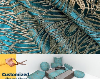 Bn406 Teal Peacock Feather Tailor made custom size brocade Kimono long tube round bolster flat box back pillow case bench sofa cushion cover