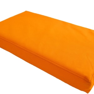 May include: Orange rectangular dog bed with a thick, padded cushion and a sewn seam around the edge.