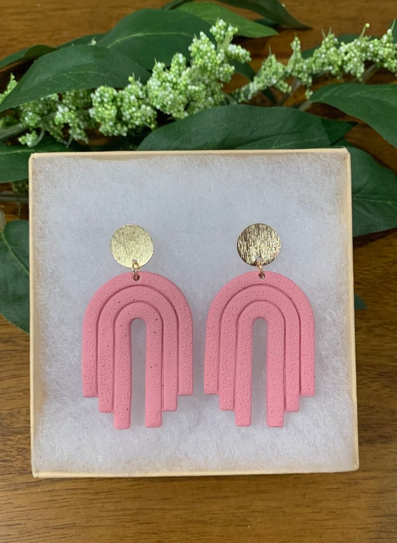 Handmade Textured Pink Polymer Clay Earrings in Arch Design With