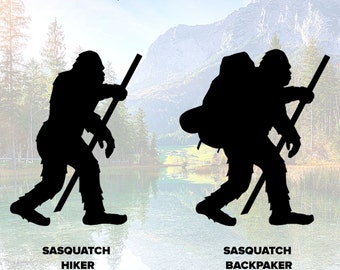 Sasquatch Hike Vinyl Die Cut Decal, Hiker Backpacker Bigfoot Decal Sticker, Car Water Bottle Window Sticker