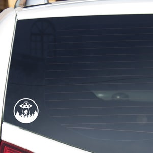 Bigfoot Sasquatch UFO Alien Trees Truck, Camper, Car, Water Bottle, Window Sticker