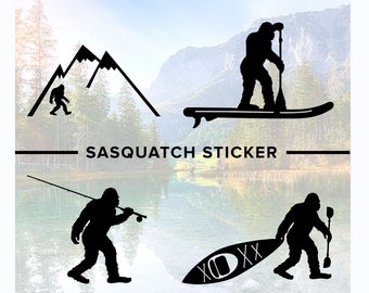 Sasquatch Vinyl Decal, Bigfoot Decal Sticker, Kayak, Paddleboard, Hiker, Backpacker, Mountain, Fly Fishing Car Water Bottle Die-cut Sticker