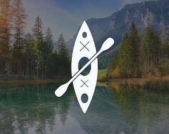 May include: White kayak and paddle graphic overlaying a scenic lake view with mountains and trees. The kayak design includes an oval opening and two cross marks, suggesting a recreational watercraft theme.
