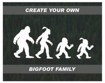 May include: Create your own Bigfoot family silhouette decal. The decal features four white silhouettes of Bigfoot family members walking in a line against a green forest background.