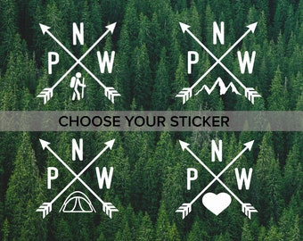 PNW Vinyl Decal, Pacific Northwest Vinyl Die Cut Decal, Hike Decal, Tent, Camp, Mountain, Car Decal, Water Bottle Decal