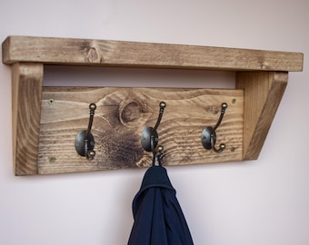 Rustic Wooden Coat Rack with Metal Hooks, Wall Mounted Coat Hanger, Farmhouse Entryway Organizer, Handmade Wood Rack