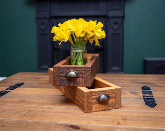 Rustic Wooden Table Tray with Handles | Farmhouse Centerpiece | Wood Planter Box | Handmade Home Decor