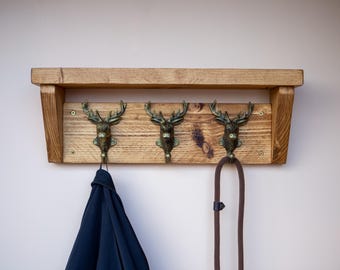 Rustic Wooden Coat Rack with Deer Head Hooks, Wall Mounted Coat Hanger, Farmhouse Entryway Organizer, Handmade Wood Rack