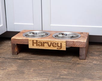 Personalized Wooden Elevated Dog Feeding Stand | Custom Dog Name Bowl Stand | Raised Dog Feeder with Engraved Name | Double Bowl Feeder