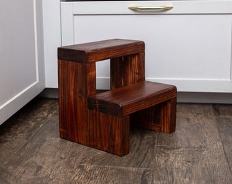 Handmade Wooden Step Stool | Solid Wood Kitchen Step | Two-Step Stool for Kids & Adults | Rustic Home Stool