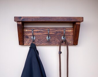 Dark Rustic Wooden Coat Rack with Metal Hooks, Wall Mounted Coat Hanger, Farmhouse Entryway Organizer, Handmade Wood Rack
