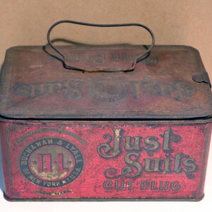 Antique 1900s Buchanan & Lyall “Just Suits” Cut Plug Lunchbox Tobacco Tin with Bale Handle, Hinges, and Snap Clousure