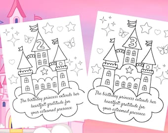 Puede incluir: Dos páginas para colorear imprimibles que presentan una ilustración en blanco y negro de un castillo con una estrella en la parte superior. El castillo tiene un número en la bandera, 2 en la primera página y 3 en la segunda página. El texto debajo del castillo dice "La princesa de cumpleaños extiende su sincera gratitud por su estimada presencia".