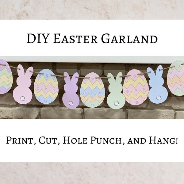 DIY Printable Easter Garland, Pastel Bunny and Easter Egg Garland, Digital Download Easter Decor, Simple Easter Banner, Garland For Mantle