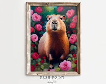 Capybara In Rose Garden Wall Art, Vintage Style Oil Painting Art, Capybara Art Print, Oil Painting Print, Cute Animal Wall Art, Digital
