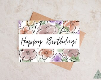 Carte d'anniversaire avec des fleurs, carte d'anniversaire simple, carte imprimable, carte florale, téléchargement numérique instantané, carte d'impression de la maison