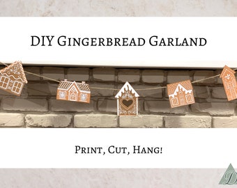 Puede incluir: Una guirnalda de pan de jengibre DIY con casas de pan de jengibre de papel naranja y blanco ensartadas en una cuerda. El texto "DIY GINGERBREAD GARLAND" está en la parte superior y "PRINT, CUT, HANG!" en la inferior.
