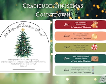 Puede incluir: Gráfico de cuenta regresiva navideña con un árbol de Navidad en acuarela y el texto "¡25 días de alegría navideña!" La cuenta regresiva incluye actos diarios de bondad, como dar un abrazo y hacer una tarjeta navideña.