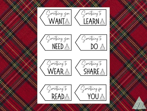 Want, Need, Wear, Read Printable Christmas Gift Tags, Christmas Present Tags Set of 8, Christmas Gift Name Tag, Christmas Gift Wrapping, DIY