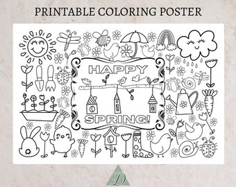 Giant Happy Spring Coloring Page, Coloring Page For Kids, Spring Kid's Activities, Printable Coloring Page, Digital Print, Coloring Poster