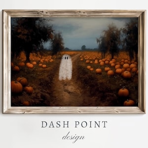 Ghost On Vintage Art, Spooky Halloween Decor, Ghost Pumpkin Patch Artwork, Halloween Art Print, Spooky Cute Ghost Art, Printable Ghost Art