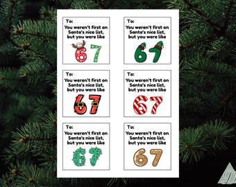Può includere: Sei etichette regalo a tema natalizio con il testo "To: You weren't first on Santa's nice list, but you were like" e i numeri 67. I numeri sono decorati con disegni festivi, tra cui corna di renna, cappelli da elfo e strisce di bastoncini di zucchero.