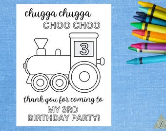 Puede incluir: Una página para colorear imprimible en blanco y negro con un tren y el texto "chugga chugga CHOO CHOO" y "¡Gracias por venir a mi 3er cumpleaños!"