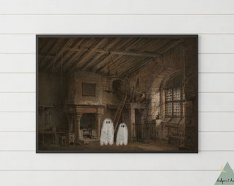 Ghost Wall Art, Vintage Art, Ghost Art Print, Ghost Haunted House Art, Halloween Art Print, Halloween Wall Decor, Ghost Decor, Spooky Art