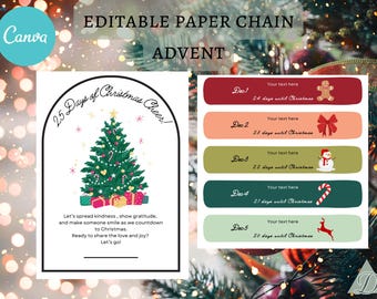 Puede incluir: Un calendario de adviento de cadena de papel editable con temática navideña. El diseño incluye una ilustración de árbol de Navidad, texto y etiquetas coloridas para cada día de la cuenta regresiva. El texto dice "25 Days of Christmas Cheer!"