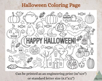 Puede incluir: Página para colorear de Halloween en blanco y negro con calabazas, fantasmas, una casa embrujada y el texto "HAPPY HALLOWEEN!". Incluye un sombrero de bruja, una araña y un camión. Imprimible en 91cm x 61cm o 21.6cm x 28cm.