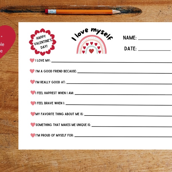 Valentine's Day Self Love Worksheet For Kids, Vday Worksheet For Kids, Valentine's Day Activity For Kids, Kids Self Esteem Worksheet