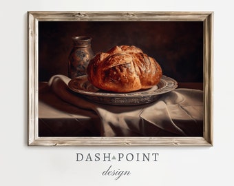 Peinture à l'huile de pain au levain, art mural de cuisine de campagne, art imprimable vintage, impression de nature morte de pain au levain, impression de ferme rustique