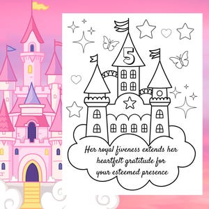 May include: A black and white colouring page featuring a castle with the number 5 on top. The castle is surrounded by stars and butterflies. The text reads "Her royal fiveness extends her heartfelt gratitude for your esteemed presence".
