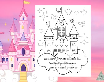 Puede incluir: Una página para colorear en blanco y negro con un castillo con el número 5 en la parte superior. El castillo está rodeado de estrellas y mariposas. El texto dice "Her royal fiveness extends her heartfelt gratitude for your esteemed presence".