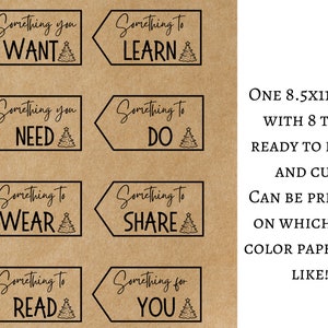 Pu&ograve; includere: Otto etichette regalo stampabili con testo nero su sfondo beige. Ogni etichetta ha una frase diversa, come "Something you WANT" e "Something to LEARN", con una piccola grafica di albero di Natale. &Egrave; incluso anche il testo "One 8.5x11" file with 8 tags".