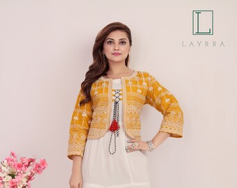 Women Yellow White \u0026 Golden Ethnic Koti 